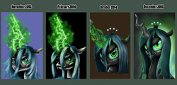Size: 1554x744 | Tagged: dead source, safe, artist:reillyington86, queen chrysalis, changeling, changeling queen, g4, crown, draw this again, fangs, female, glowing, glowing horn, horn, jewelry, regalia