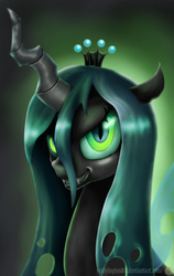 Size: 450x712 | Tagged: safe, artist:reillyington86, queen chrysalis, changeling, changeling queen, g4, crown, evil smile, fangs, female, jewelry, looking at you, regalia, solo