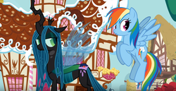 Size: 1280x660 | Tagged: safe, artist:mixermike622, queen chrysalis, rainbow dash, changeling, changeling queen, g4, cupcake, fan animation, female, food, it came from youtube, khuppkheighckes, old video, screenshots, unamused, youtube link