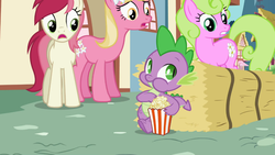 Size: 1366x768 | Tagged: safe, screencap, daisy, flower wishes, lily, lily valley, roseluck, spike, g4, the cutie pox, dis gon b gud, flower trio, food, popcorn