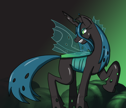Size: 1024x876 | Tagged: dead source, safe, artist:daphfloconmojo, queen chrysalis, g4, female, looking back, raised hoof, solo, watermark
