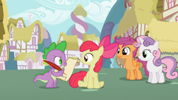 Size: 1366x768 | Tagged: safe, screencap, apple bloom, scootaloo, spike, sweetie belle, earth pony, pony, g4, the cutie pox, cutie mark crusaders