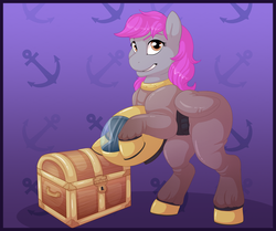 Size: 900x752 | Tagged: safe, artist:anuvia, oc, oc only, oc:crash dive, pegasus, pony, bipedal, boots, diving suit, grin, helmet, looking at you, solo, treasure chest