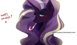 Size: 1024x608 | Tagged: dead source, safe, artist:yioyio, nightmare rarity, g4, bedroom eyes, blushing, bust, candy, candy cane, cute, female, food, happy holidays, nicemare rarity, nightmare raribetes, solo