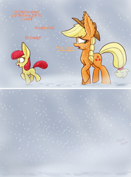 Size: 1280x1716 | Tagged: safe, artist:heir-of-rick, part of a set, apple bloom, applejack, daily apple pony, g4, alternate hairstyle, comic, cute, dialogue, flashback, floppy ears, implied rarity, impossibly large ears, nervous, pigtails, snow, snowfall, younger