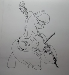 Size: 2920x3180 | Tagged: safe, artist:scribblepwn3, octavia melody, earth pony, pony, g4, black and white, cello, crying, dock, eyes closed, female, grayscale, high res, lineart, mare, monochrome, musical instrument, pen drawing, solo, traditional art
