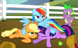 Size: 654x408 | Tagged: safe, screencap, applejack, rainbow dash, spike, twilight sparkle, g4, the ticket master, apple, food, lidded eyes, out of context