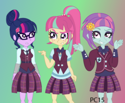 Size: 494x410 | Tagged: safe, artist:promisecoconut15, sci-twi, sour sweet, sunny flare, twilight sparkle, equestria girls, g4, my little pony equestria girls: friendship games, clothes, crystal prep academy uniform, crystal prep shadowbolts, glasses, school uniform, shrug