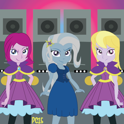 Size: 535x536 | Tagged: safe, artist:promisecoconut15, fuchsia blush, lavender lace, trixie, equestria girls, g4, rainbow rocks, background human, female, trixie and the illusions