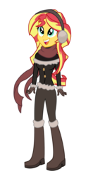 Size: 1661x3138 | Tagged: safe, artist:lifes-remedy, sunset shimmer, equestria girls, g4, boots, bundled up, clothes, cute, earmuffs, female, jacket, open mouth, scarf, shimmerbetes, simple background, smiling, solo, transparent background, vector, winter outfit