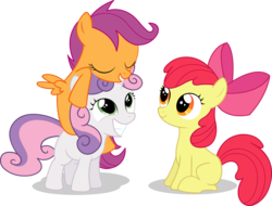 Size: 3695x2808 | Tagged: safe, artist:simplyfeatherbrain, apple bloom, scootaloo, sweetie belle, earth pony, pegasus, pony, unicorn, g4, apple bloom's bow, blank flank, bow, cute, cutie mark crusaders, eyes closed, female, filly, foal, gritted teeth, hair bow, high res, ponies riding ponies, riding, simple background, sitting, smiling, spread wings, teeth, transparent background, vector, wings
