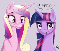 Size: 1280x1097 | Tagged: safe, artist:silfoe, princess cadance, twilight sparkle, alicorn, pony, royal sketchbook, g4, cross-eyed, dialogue, duo, female, freckles, frown, looking at you, mare, open mouth, raised eyebrow, simple background, sisters-in-law, speech bubble, twilight sparkle (alicorn), unamused