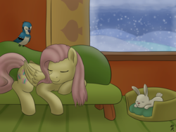 Size: 3194x2396 | Tagged: safe, artist:mkogwheel, angel bunny, fluttershy, bird, blue jay, g4, christmas, cute, high res, it's a pony kind of christmas, shyabetes, silent night, sleeping, snow, snowfall, winter