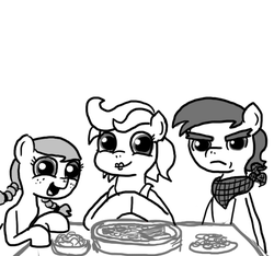 Size: 640x600 | Tagged: safe, artist:ficficponyfic, oc, oc only, oc:giles pecan, oc:praline, oc:sweet tea, colt quest, explicit source, family, frown, happy, monochrome, smiling, table, unhappy