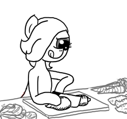 Size: 640x600 | Tagged: safe, artist:ficficponyfic, oc, oc:emerald jewel, colt quest, carrot, colt, cutting board, explicit source, femboy, foal, food, kitchen, male, monochrome, trap