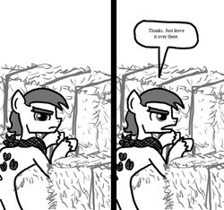 Size: 640x600 | Tagged: safe, artist:ficficponyfic, oc, oc only, oc:giles pecan, pony, colt quest, barn, colt, explicit source, hay, hay bale, male, monochrome, stallion