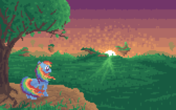 Size: 1680x1050 | Tagged: safe, artist:lightspeeed, rainbow dash, pegasus, pony, g4, everfree forest, female, mare, pixel art, scenery, solo, sunset, wallpaper