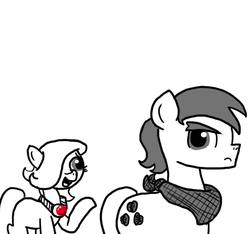Size: 640x600 | Tagged: safe, artist:ficficponyfic, oc, oc only, oc:emerald jewel, oc:giles pecan, pony, colt quest, colt, explicit source, femboy, frown, male, neckerchief, partial color, stallion, trap