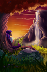 Size: 1650x2550 | Tagged: safe, artist:grennadder, twilight sparkle, human, g4, drawing, female, humanized, pencil, solo, sunset, tree, waterfall