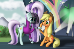 Size: 2560x1680 | Tagged: dead source, safe, artist:dcencia, applejack, coloratura, g4, the mane attraction, countess coloratura, female, hoofsies, lesbian, ship:rarajack, shipping, stamp