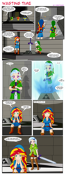 Size: 1344x3539 | Tagged: safe, artist:icesticker, sunset shimmer, trixie, human, g4, comic, elf ears, humanized, master sword, parody, the legend of zelda, the legend of zelda: ocarina of time