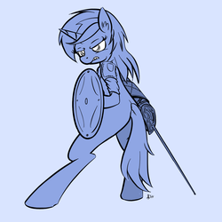 Size: 1200x1200 | Tagged: safe, artist:cheshiresdesires, lyra heartstrings, pony, unicorn, g4, bipedal, blue background, buckler, female, gritted teeth, monochrome, rapier, shield, simple background, solo, sword, weapon