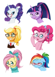 Size: 900x1248 | Tagged: safe, artist:dstears, applejack, fluttershy, pinkie pie, rainbow dash, rarity, twilight sparkle, earth pony, pegasus, pony, unicorn, g4, alternate hairstyle, bust, freckles, glasses, mane six, necktie, open mouth, ponytail, smiling