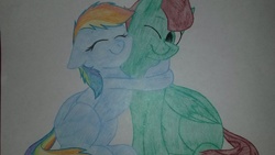 Size: 1024x576 | Tagged: safe, artist:colourstrike, rainbow dash, oc, oc:northern haste, g4, colt, female, filly, hug, male, northash, request, traditional art, younger