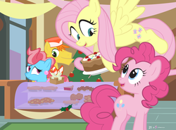 Size: 1000x735 | Tagged: safe, artist:dm29, carrot cake, cup cake, fluttershy, pinkie pie, pony, g4, advent calendar, cake, food, holiday horse days, pie, sugarcube corner, the cakes