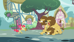 Size: 1366x768 | Tagged: safe, screencap, apple bloom, big cat, earth pony, lion, pony, g4, the cutie pox, cutie pox, female, filly, lion tamer, loop-de-hoop, plate spinning, ponyville, roar, whip