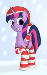 Size: 2838x4525 | Tagged: safe, artist:ashtoneer, twilight sparkle, alicorn, pony, g4, clothes, female, hat, mare, saddle, santa hat, socks, solo, striped socks, twilight sparkle (alicorn)