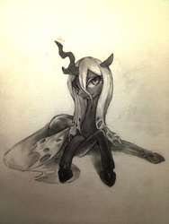 Size: 2448x3264 | Tagged: safe, artist:murphylaw4me, queen chrysalis, changeling, changeling queen, g4, female, grayscale, looking at you, monochrome, simple background, solo, traditional art