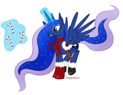 Size: 1899x1471 | Tagged: safe, artist:zomgitsalaura, princess luna, pony, g4, candy, candy cane, christmas, clothes, female, food, magic, saddle, scarf, simple background, socks, solo, spread wings, telekinesis, transparent background
