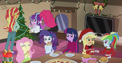 Size: 4005x2061 | Tagged: safe, artist:sumin6301, applejack, fluttershy, pinkie pie, rainbow dash, rarity, starlight glimmer, sunset shimmer, twilight sparkle, human, equestria girls, g4, ass, bunset shimmer, burger, butt, cake, christmas, christmas lights, christmas tree, clothes, equestria girls-ified, food, high res, humane five, humane seven, humane six, korean, pizza, skirt, soda, sweater, television, tree, twilight sparkle (alicorn)