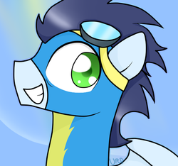 Size: 642x600 | Tagged: dead source, safe, artist:ultrard, soarin', pegasus, pony, g4, bust, colored pupils, goggles, male, smiling, solo, stallion, wonderbolts uniform