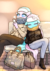 Size: 1378x1946 | Tagged: safe, artist:sigpi, aloe, lotus blossom, earth pony, anthro, g4, bag, bags, bench, cellphone, clothes, earbuds, jacket, pants, phone, pixiv, scarf, sharing headphones, sleeping, spa twins, winter