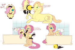 Size: 3000x2000 | Tagged: safe, artist:evehly, fluttershy, bee, earth pony, pony, g4, animal costume, bath, bathtub, bee costume, belly button, clothes, costume, cute, daaaaaaaaaaaw, dialogue, eyes closed, father, father and daughter, female, filly, flutterbee, high res, male, mare, mother, open mouth, parent, sad face, shyabetes, stallion, towel, weapons-grade cute, younger
