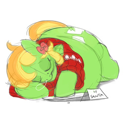 Size: 771x771 | Tagged: safe, artist:mellowhen, oc, oc only, oc:bric-a-brac, pony, christmas, christmas sweater, clothes, cookie, fat, food, hearth's warming eve, nap, sketch, sleeping, snot bubble, solo, sweater