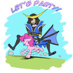 Size: 1000x1000 | Tagged: safe, artist:manic-the-lad, pinkie pie, earth pony, human, pony, g4, armor, crossover, date masamune, duo, eyepatch, female, humans riding ponies, katana, mare, riding, sengoku basara, sword, weapon
