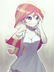 Size: 768x1024 | Tagged: safe, artist:nitronic, sunset shimmer, human, g4, beautiful, breasts, cleavage, clothes, cute, dress, female, humanized, looking away, shimmerbetes, shy, simple background, solo, sundress, white background, white dress