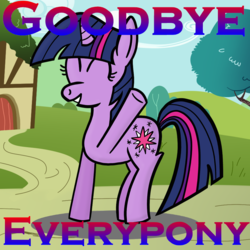 Size: 960x960 | Tagged: artist needed, source needed, safe, twilight sparkle, g4, eyes closed, female, goodbye, gritted teeth, house, image macro, meme, ponyville, raised hoof, smiling, solo, tree, underhoof, waving