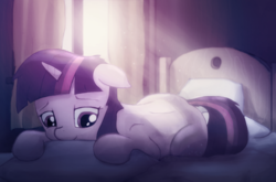 Size: 1538x1014 | Tagged: safe, artist:gign-3208, twilight sparkle, g4, bed, crepuscular rays, dust motes, female, pillow, prone, solo