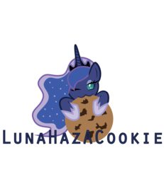 Size: 6000x6500 | Tagged: safe, artist:lunahazacookie, princess luna, alicorn, pony, g4, :3, absurd resolution, cookie, female, food, hoof shoes, logo, mare, nom, simple background, solo, transparent background, wink