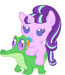 Size: 886x1017 | Tagged: safe, artist:red4567, gummy, starlight glimmer, pony, unicorn, g4, baby, baby pony, babylight glimmer, cute, female, glimmerbetes, pacifier, ponies riding gators, recolor, riding, starlight glimmer riding gummy, weapons-grade cute