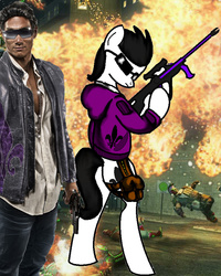 Size: 785x981 | Tagged: safe, artist:rysowniczka2, oc, oc only, earth pony, human, pony, clothes, explosion, gun, hoodie, hooves, johnny gat, male, optical sight, pistol, ponified, rifle, saints row, sniper rifle, solo, stallion, street, sunglasses, weapon