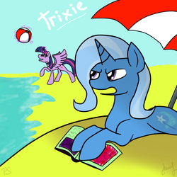 Size: 1024x1024 | Tagged: safe, artist:pinkamenascratch, trixie, twilight sparkle, alicorn, pony, g4, ball, beach, beach ball, book, duo, female, glare, levitation, magic, mare, open mouth, raised hoof, smiling, spread wings, telekinesis, twilight sparkle (alicorn), umbrella, water