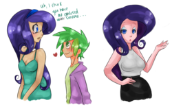 Size: 1600x1000 | Tagged: safe, artist:underwaterteaparty, rarity, spike, oc, oc:iris, human, g4, breasts, cleavage, clothes, dress, female, heart, humanized, male, ship:sparity, shipping, straight, trio