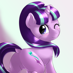 Size: 1000x1000 | Tagged: safe, artist:ushiro no kukan, starlight glimmer, pony, unicorn, g4, blushing, butt, cute, dock, featureless crotch, female, glimmerbetes, looking back, mare, one eye closed, plot, s5 starlight, smiling, solo, ushiro is trying to murder us, wink