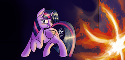 Size: 2500x1200 | Tagged: safe, artist:riggyrag, twilight sparkle, alicorn, pony, g4, female, fire, grin, looking at you, mare, nervous, raised hoof, raised leg, smiling, solo, twilight sparkle (alicorn)