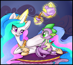 Size: 2040x1840 | Tagged: safe, artist:xxladyskunkxx, princess celestia, spike, g4, food, magic, prone, tea, teacup, telekinesis